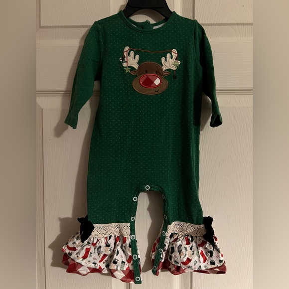 HTF Ricrac & Ruffles romper, Christmas, Rudolph, green, size 12 mo, Super cute - Picture 1 of 6